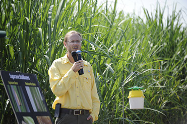 person holds mic and talks in sugarcane field