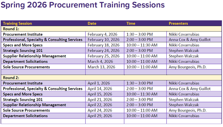 Spring 2026 Training Schedule