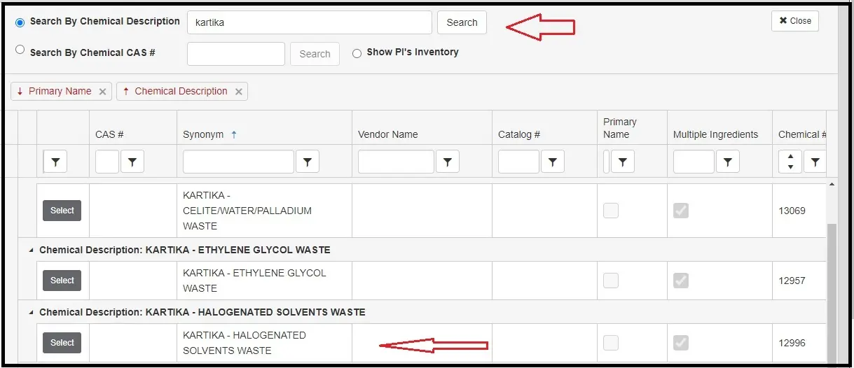 Searching the PI's last name in the chemical description section.