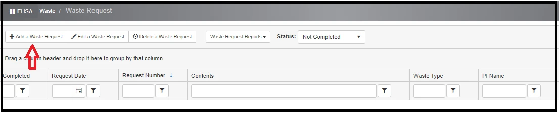 On the Waste Request page with an arrow pointed to the "Add a Waste Request" button.