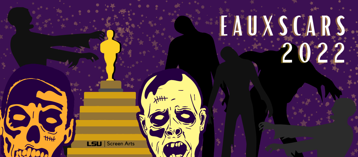 Eauxscars 2022 Zombies banner Purple and gold Oscar statue surrounded by zombies with the text Eauxscars 2022