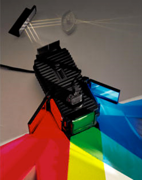 photo: Objectives: Students will recognize that refraction occurs at the boundary (interface) between two transparent materials. Students will be able to discover that the angle of refraction when light passes from plastic to air is larger than the angle of incidence. Students will discover that there is an angle of incidence (when the light ray is passing from plastic to air) is not refracted but is reflected totally internally. This phenomenon is called total internal reflection. APPARATUS: LOCATION: Power source for the light box I3 Light box and optical set I4 Lamp Replacement Filters Lenses Mirrors Replacement slit plates A bell is rung in the container. Then air is pumped out of the container and the sound begins to diminish.