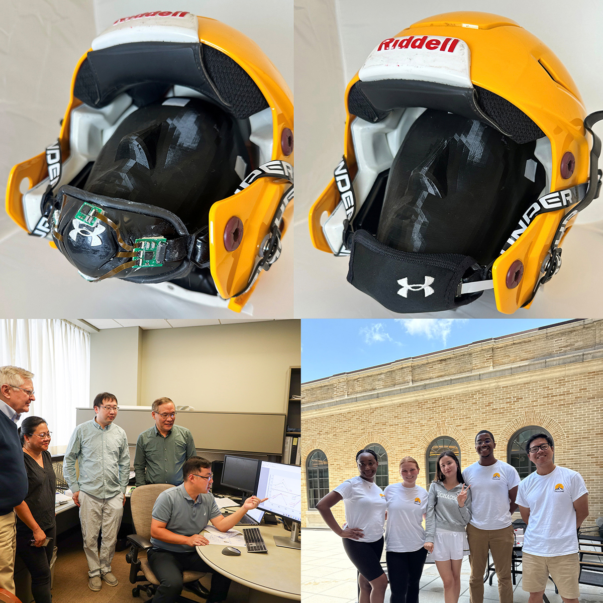 Collage of images from the teams: helmets equipped with sensors; a team meeting to look at data; Dr. Chen and ProudMe Camp counselors.